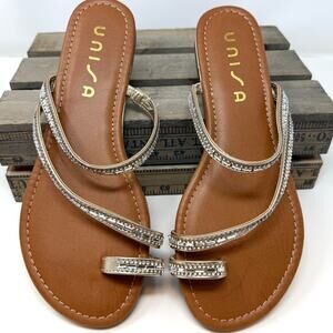 Unisa Undeligh Rhinestone Embellished Toe Loop Sandals Silver Brown Size 11 New